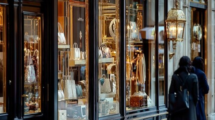 Elegant boutique storefront with women browsing luxury handbags and accessories.