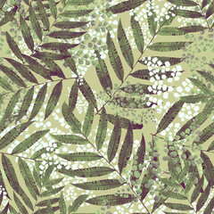 Fern leaves, flowers. Floral seamless pattern. Green background. Vintage engraving. Template for textile, wallpaper, paper.