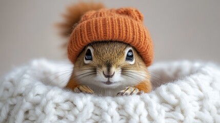 Adorable squirrel wearing a cozy orange beanie on a soft blanket