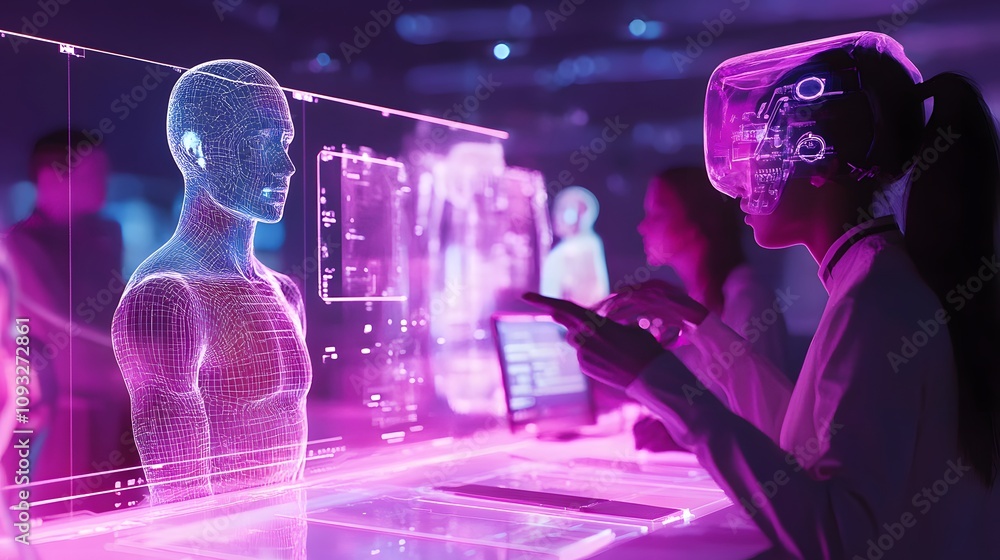 Poster A hybrid team collaborating on 3D glowing product prototypes with 2D live feedback streams. 4k resolution, Cinematic Scene