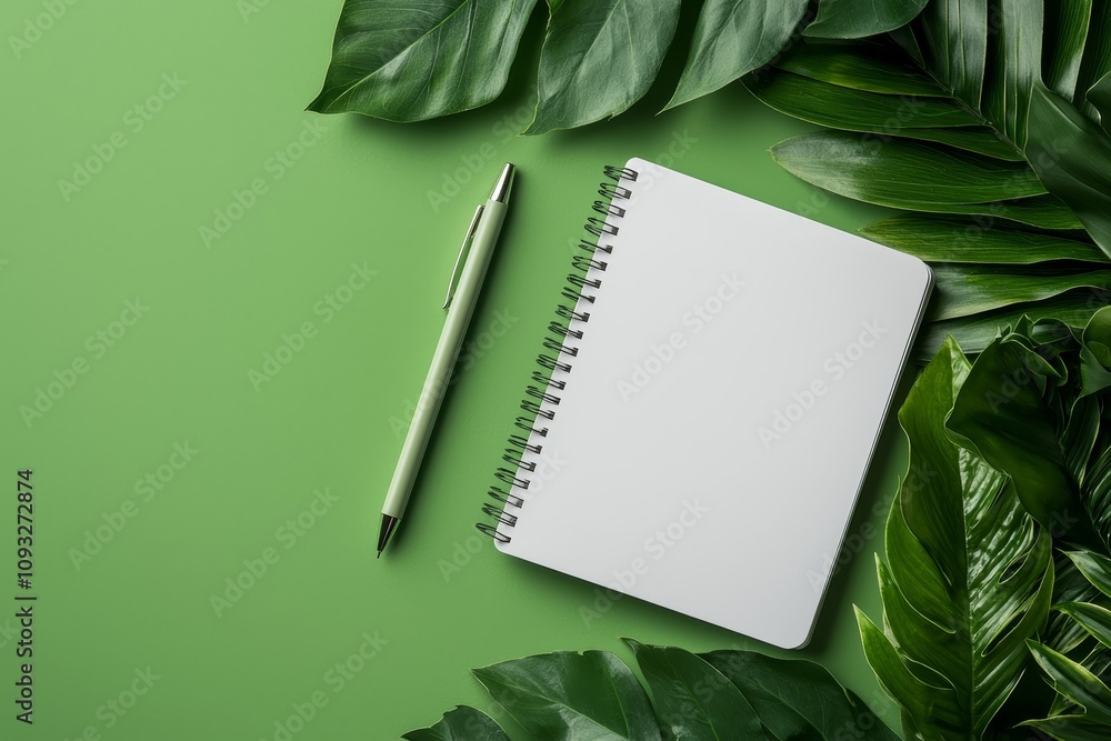 Poster A creative flat lay photos of a workspace desk with an open mockup blank notebook, a pencil, and a plant on a pastel green color background. An office desk with a mock up copy space on a top view.