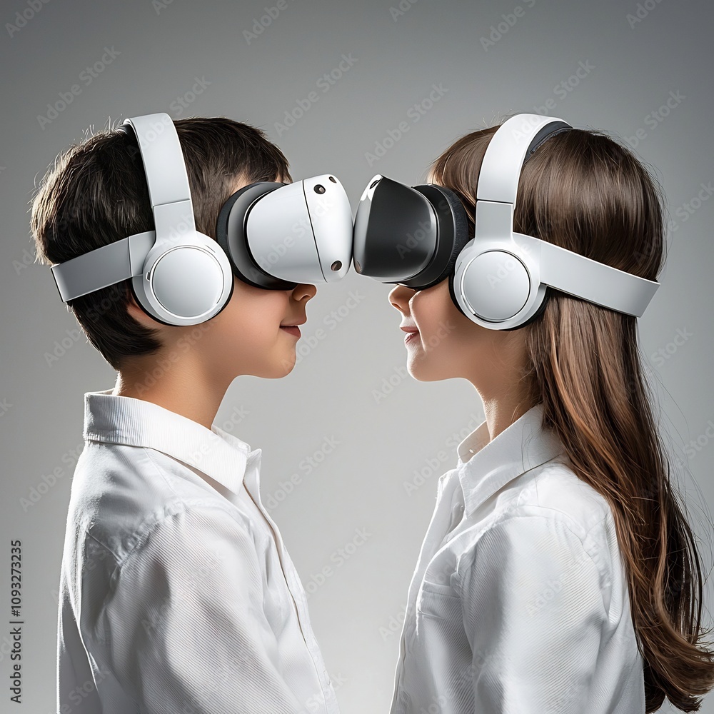 Poster immersive virtual reality language lesson with 3d avatars and simple background