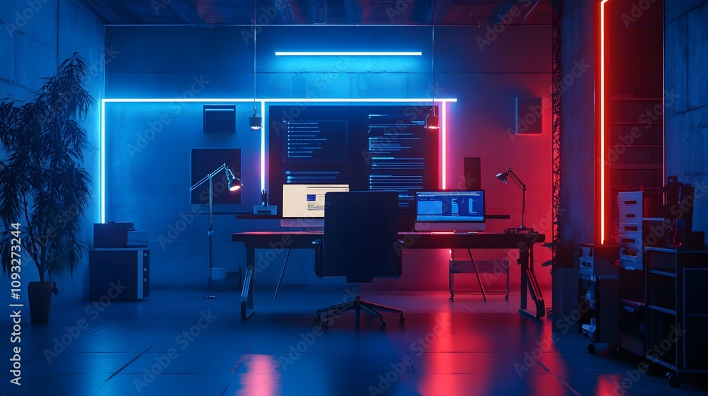Poster A coworking space featuring 3D glowing task organization tools and 2D live project updates. 4k resolution, Cinematic Scene
