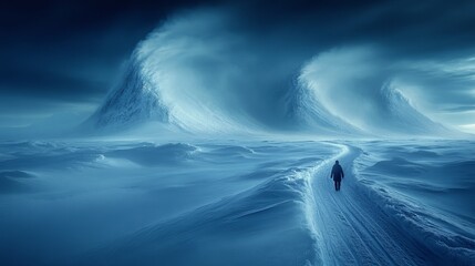 A solitary figure walking through a frozen, otherworldly landscape