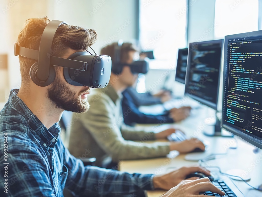 Poster virtual reality coding class students immersed in 3d interactive workspace