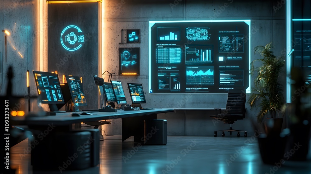 Poster A coworking setup integrating 3D glowing remote strategy dashboards and 2D floating communication threads. 4k resolution, Cinematic Scene