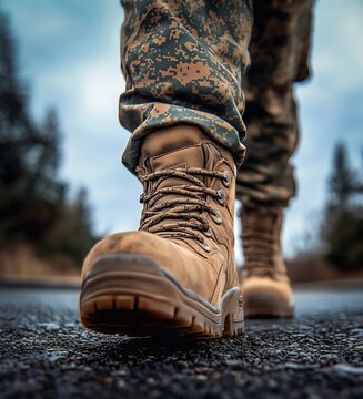 military boots close-up, walking along the road, peaceful environment,