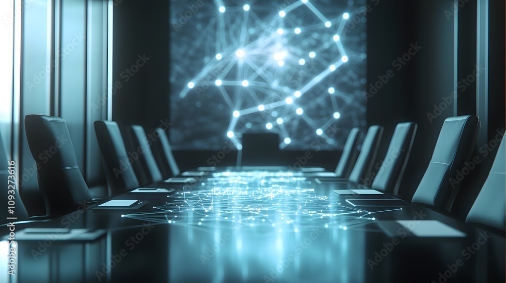 Poster A sleek boardroom featuring a 3D holographic blockchain network map with 2D animated transaction flows. 4k resolution, Cinematic Scene
