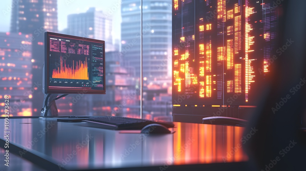 Poster A modern office with 3D glowing decentralized ledger visuals and 2D floating analytics. 4k resolution, Cinematic Scene