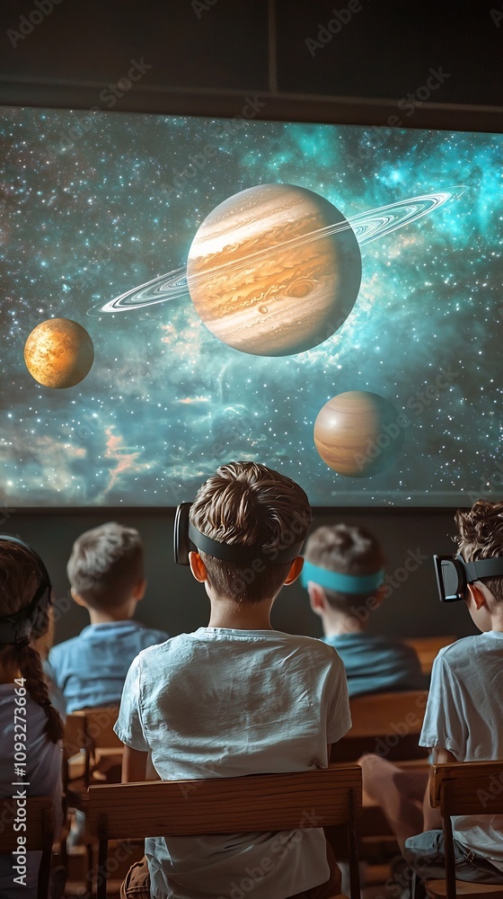 Poster virtual reality astronomy class students exploring solar system in immersive classroom