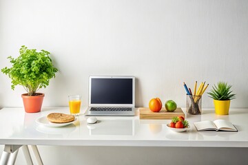 Empty Office Desk, Creative Workspace, White Wall Background, Food Photography