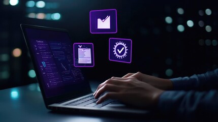 Person Typing on Laptop with Purple Document and Checkmark Icons Floating Above Keyboard, Dark Background, Business Quality Control Process, Professional Stock Photo, Clean Composition, High Resolutio