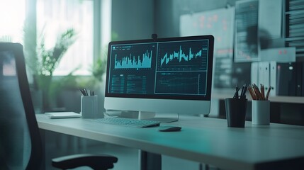 Naklejka premium A minimalist workspace featuring 3D holographic digital asset flow charts and 2D performance indicators. 4k resolution, Cinematic Scene