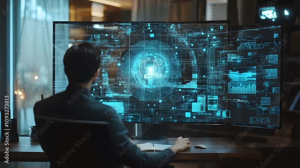 Poster A collaborative session on blockchain implementation with 3D holographic trustless systems and 2D glowing validation metrics. 4k resolution, Cinematic Scene