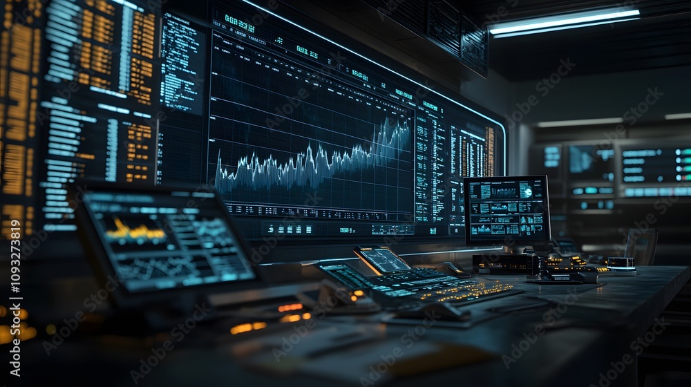 Poster A workspace integrating 3D glowing cross-border transaction paths with 2D financial breakdowns. 4k resolution, Cinematic Scene