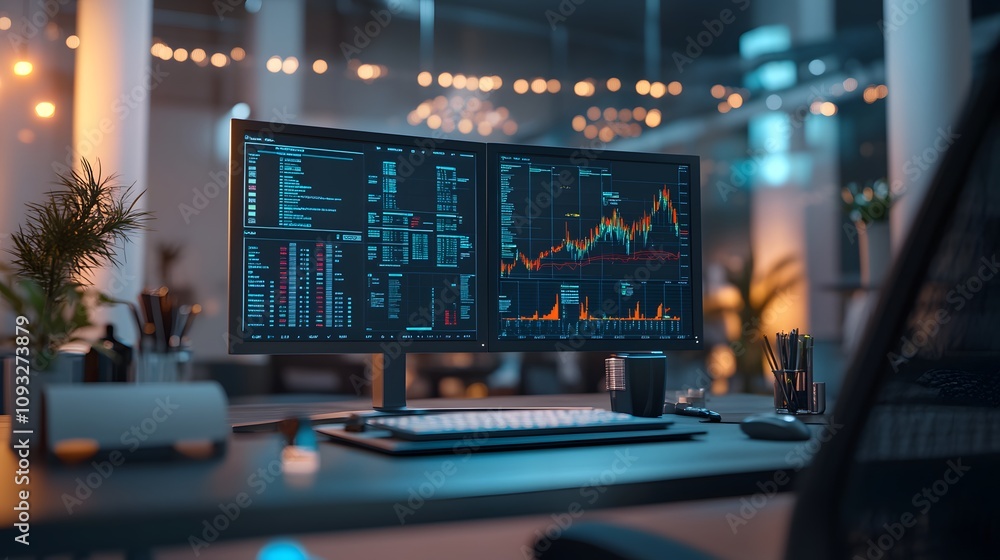 Poster A workspace integrating 3D glowing cross-border transaction paths with 2D financial breakdowns. 4k resolution, Cinematic Scene