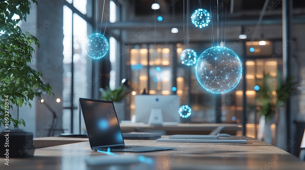 Aufkleber A hybrid office showcasing 3D glowing blockchain nodes representing financial networks with 2D floating real-time updates. 4k resolution, Cinematic Scene