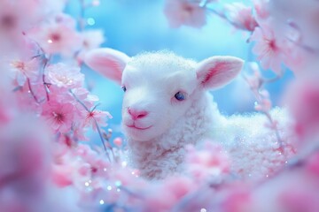 A delicate illustration of a lamb surrounded by soft pink spring blossoms on a dreamy pastel background, symbolizing purity, innocence, and the spirit of Easter in a serene atmosphere