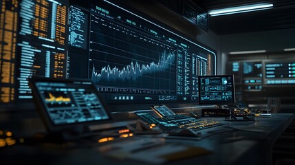 Obraz premium A workspace integrating 3D glowing cross-border transaction paths with 2D financial breakdowns. 4k resolution, Cinematic Scene