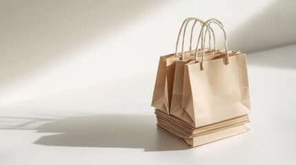 A small paper shopping bag, neatly folded and stacked, isolated on a clean white surface with shadows, minimalist design