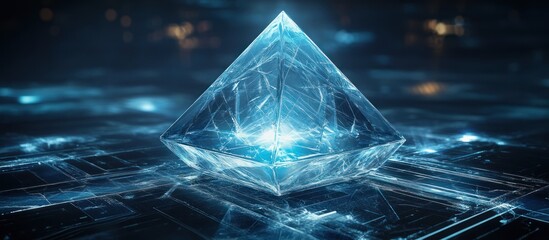 Glowing crystal pyramid on futuristic surface. (2)