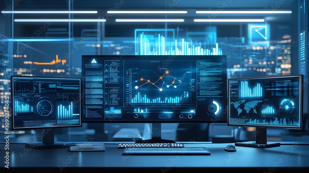 Leinwandbilder A hybrid workspace showcasing 3D glowing workflow automations via blockchain with 2D animated success metrics. 4k resolution, Cinematic Scene