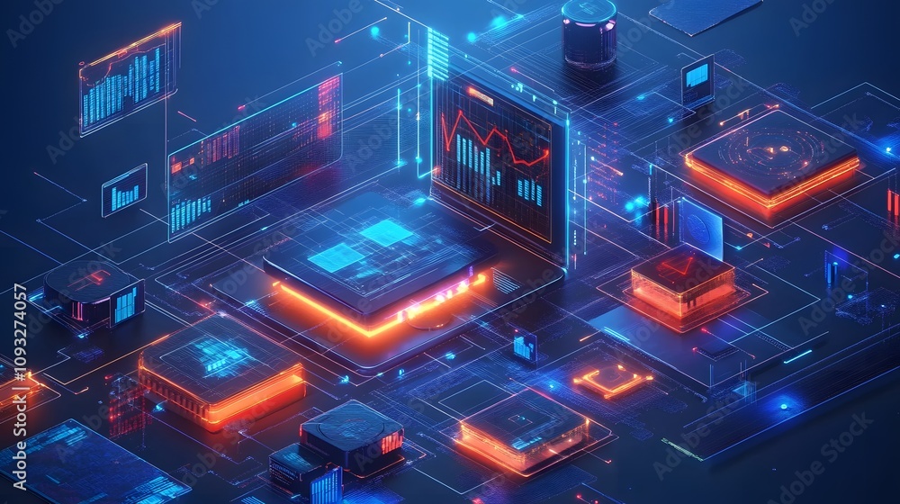 Poster A hybrid workspace showcasing 3D glowing workflow automations via blockchain with 2D animated success metrics. 4k resolution, Cinematic Scene