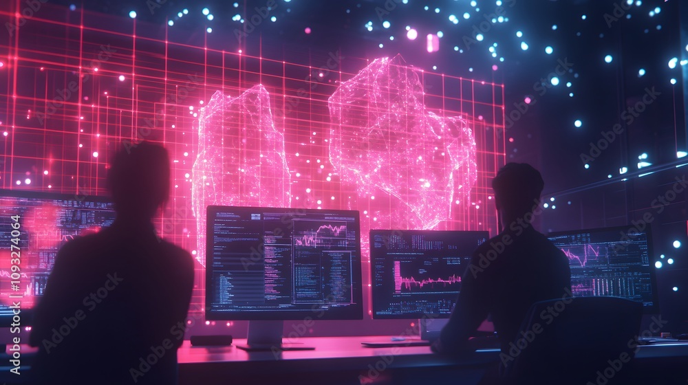 Poster A team collaborating on 3D glowing blockchain-powered contract automation visuals with 2D real-time performance reviews. 4k resolution, Cinematic Scene