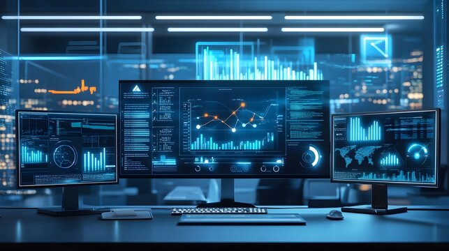 A hybrid workspace showcasing 3D glowing workflow automations via blockchain with 2D animated success metrics. 4k resolution, Cinematic Scene