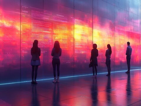 Diverse Team Reviewing Holographic Project Timeline in Minimalist Digital Workspace