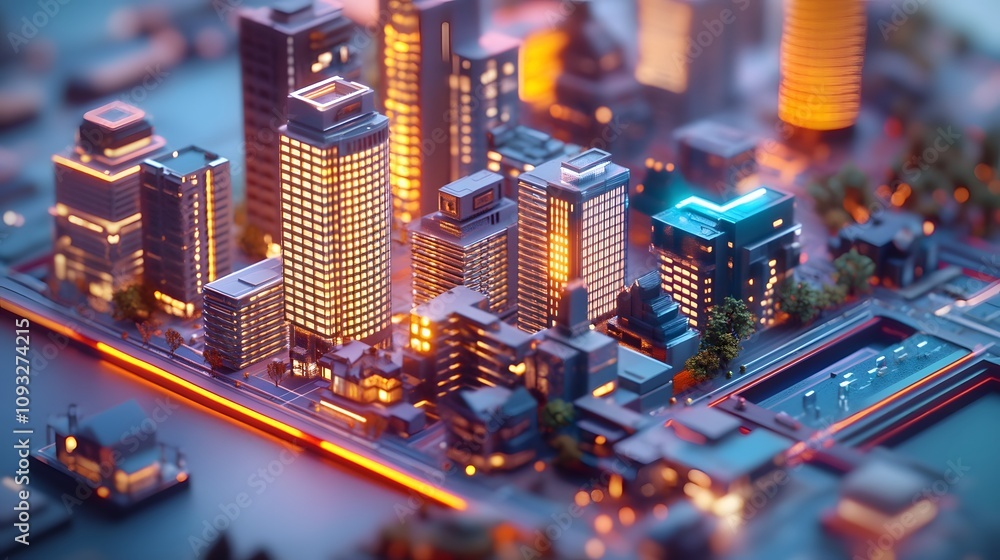 Poster A coworking environment where blockchain-enabled smart cities are visualized in 3D glowing models with 2D animated solutions. 4k resolution, Cinematic Scene