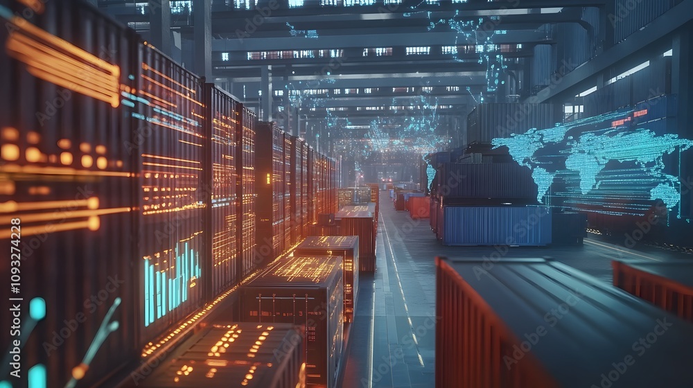 Poster A collaborative session reviewing blockchain-powered global trade visualized with 3D glowing models and 2D floating data. 4k resolution, Cinematic Scene