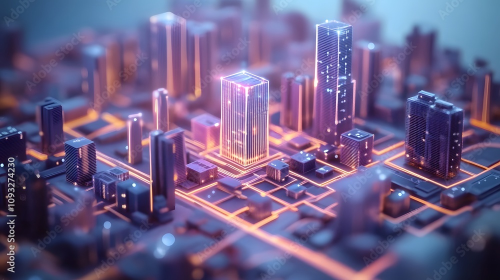 Poster A coworking environment where blockchain-enabled smart cities are visualized in 3D glowing models with 2D animated solutions. 4k resolution, Cinematic Scene