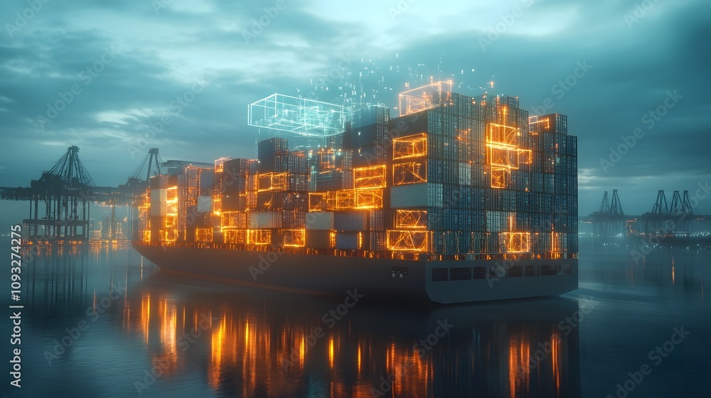 Poster A collaborative session reviewing blockchain-powered global trade visualized with 3D glowing models and 2D floating data. 4k resolution, Cinematic Scene