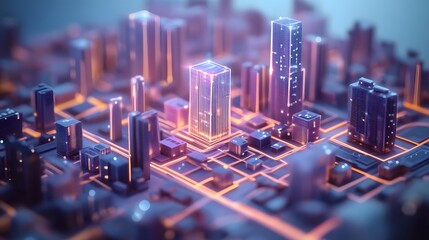 A coworking environment where blockchain-enabled smart cities are visualized in 3D glowing models with 2D animated solutions. 4k resolution, Cinematic Scene