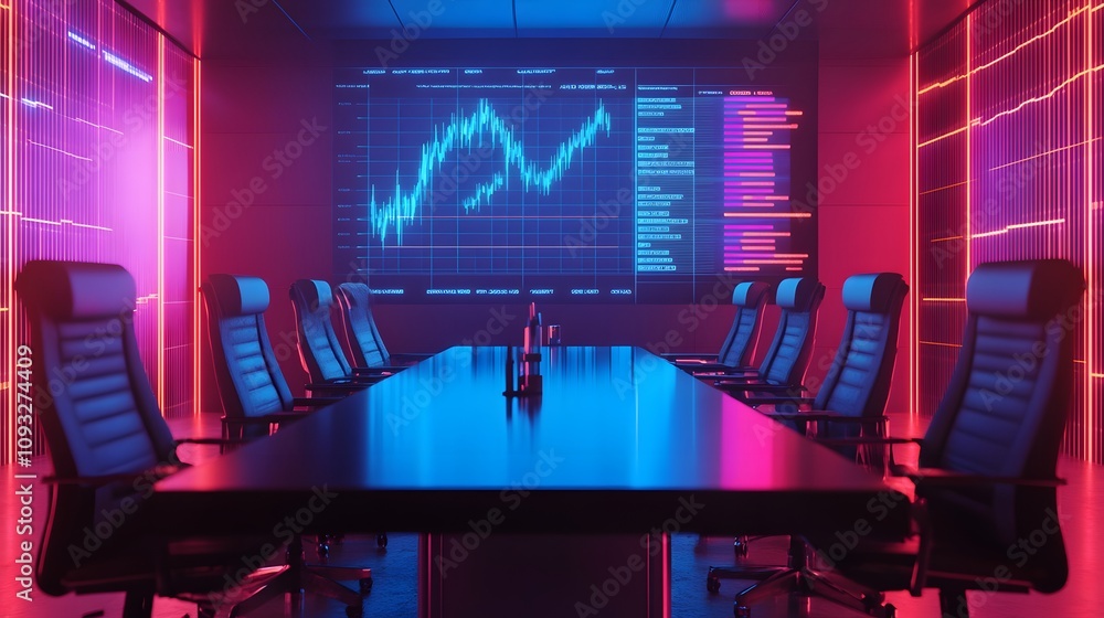 Aufkleber A corporate meeting room displaying blockchain-based digital asset flows in 3D glowing charts with 2D performance goals. 4k resolution, Cinematic Scene