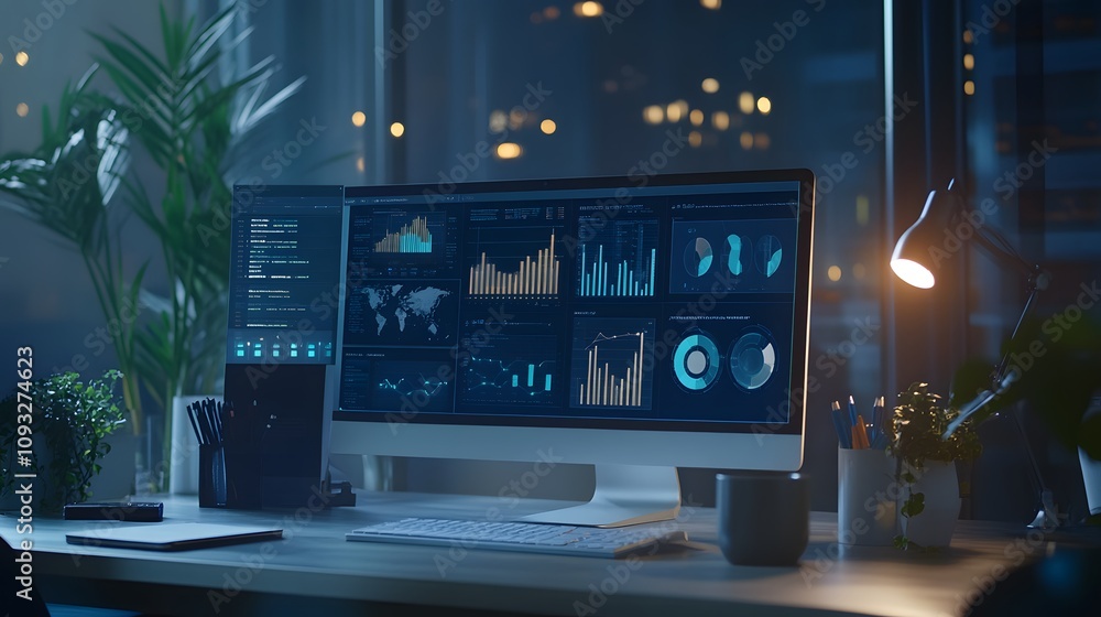 Aufkleber A hybrid workspace integrating 3D glowing data-driven strategy maps and 2D animated task trackers. 4k resolution, Cinematic Scene