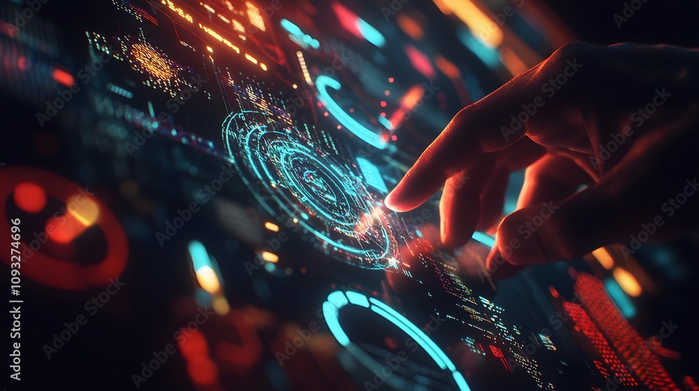 Poster A hybrid professional analyzing 3D glowing charts of supply chain efficiency with 2D glowing predictions of improvements. 4k resolution, Cinematic Scene