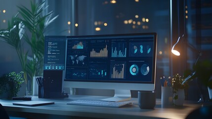 A hybrid workspace integrating 3D glowing data-driven strategy maps and 2D animated task trackers. 4k resolution, Cinematic Scene