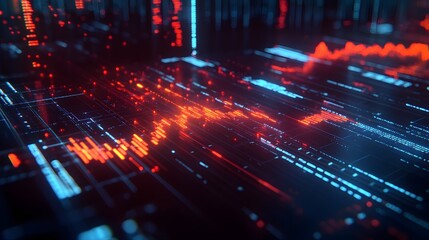 Obraz premium A professional analyzing 3D glowing visual trends of market data with 2D insights overlaying the dashboard. 4k resolution, Cinematic Scene