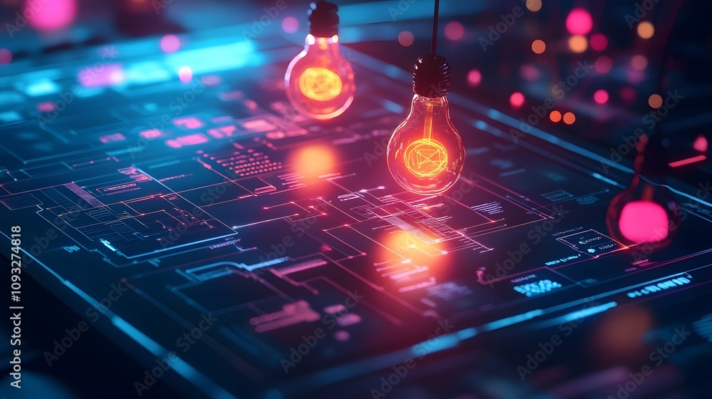 Poster A brainstorming workshop with 3D glowing decision-support tools and 2D glowing task outcomes. 4k resolution, Cinematic Scene