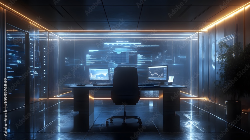 Poster A hybrid workspace showcasing 3D glowing financial outcomes with 2D glowing pathways of execution. 4k resolution, Cinematic Scene
