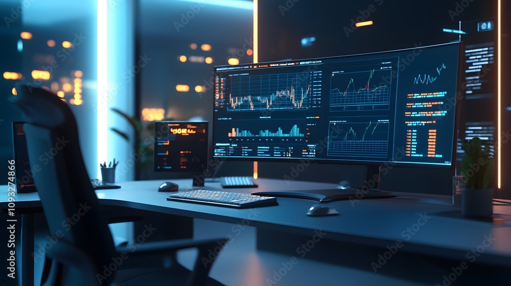 Poster A hybrid workspace showcasing 3D glowing financial outcomes with 2D glowing pathways of execution. 4k resolution, Cinematic Scene