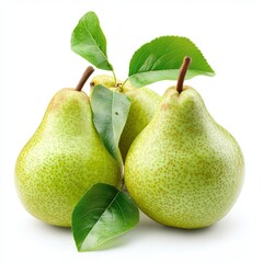 Ripe green pears isolated with leaves isolated on white. 