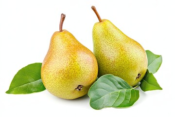 Ripe green pears isolated with leaves isolated on white. 