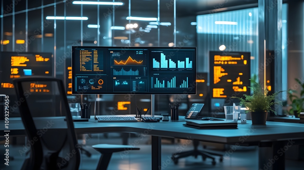 Poster A corporate workspace featuring 3D glowing inventory optimization visuals with 2D task distribution indicators. 4k resolution, Cinematic Scene