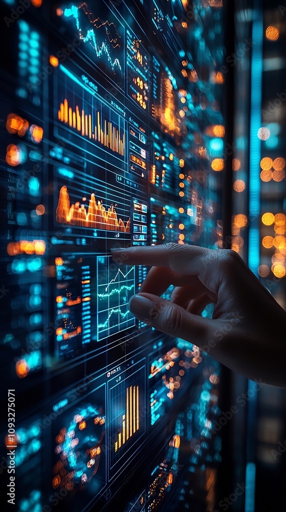 Poster stakeholders reviewing company s financial performance using holographic data visualizations