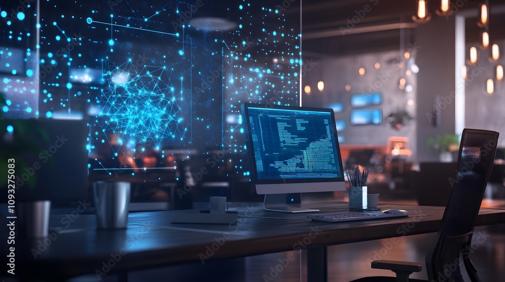 Aufkleber a modern workspace featuring 3d glowing organizational decision-making paths with 2d predictive anal