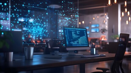 Naklejka premium A modern workspace featuring 3D glowing organizational decision-making paths with 2D predictive analytics. 4k resolution, Cinematic Scene