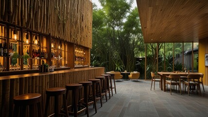Fototapeta premium Here's a and keyword list for your stock photo, fitting within the given constraints.. Tranquil Bamboo Bar & Dining Area.
